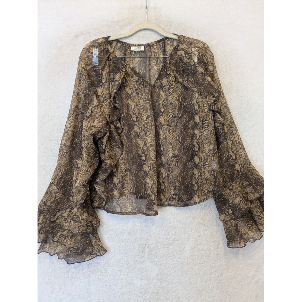 a.n.a Blouse Women's Large Brown Snake Print Ruffle Bell Sleeve V-Neck Sheer